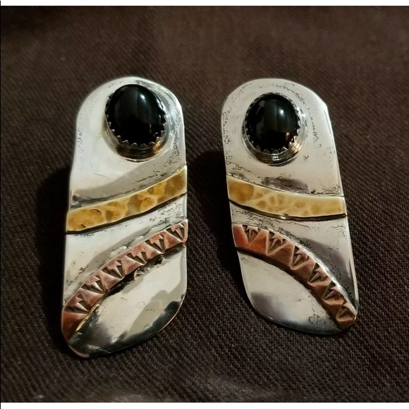 Lazaro G Sterling black onyx brass designer ears - Picture 2 of 4